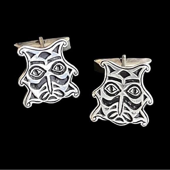 Vintage Mexican sterling silver and alpaca warrior mask men’s cuff links - Picture 1 of 7